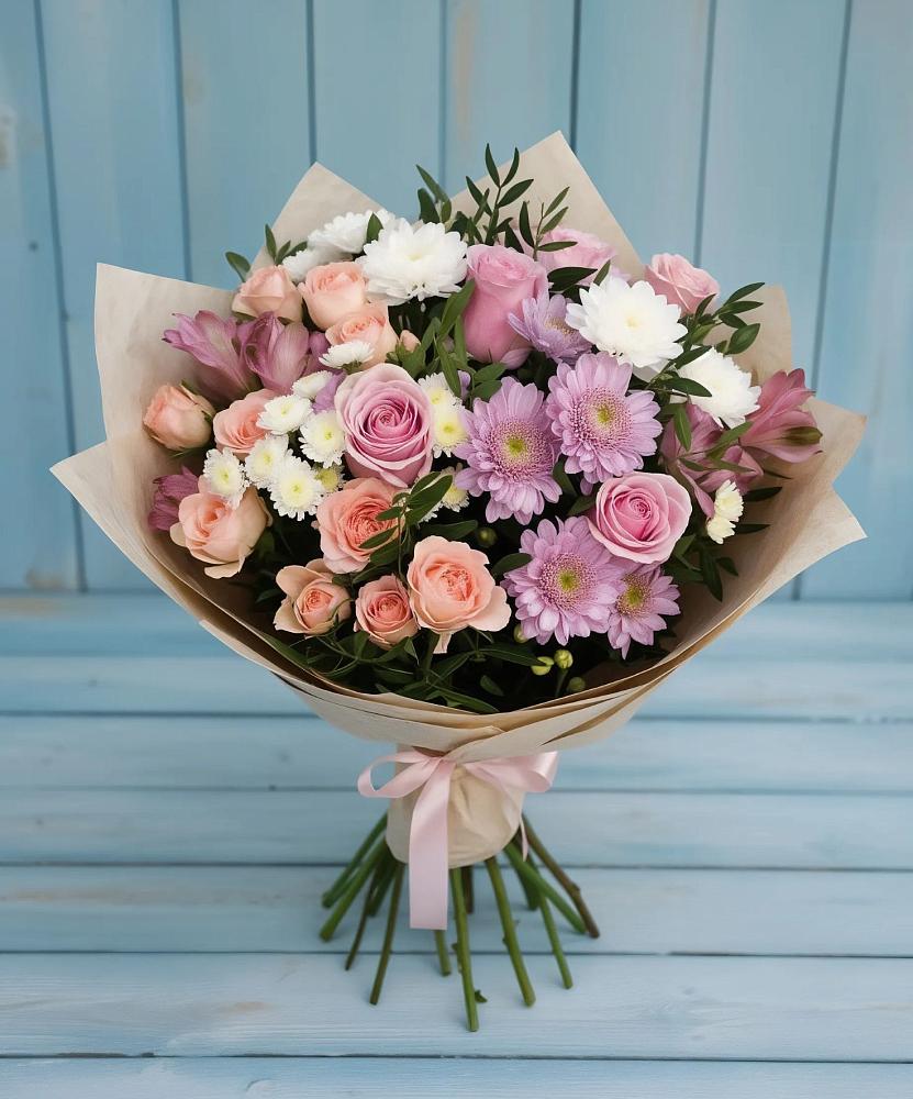 Букет цветов из: Хризантемы, Розы и Альстромерии в Львовском