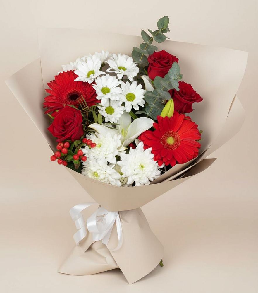 Букет цветов из: Розы, Хризантемы, Герберы и Лилии в Львовском