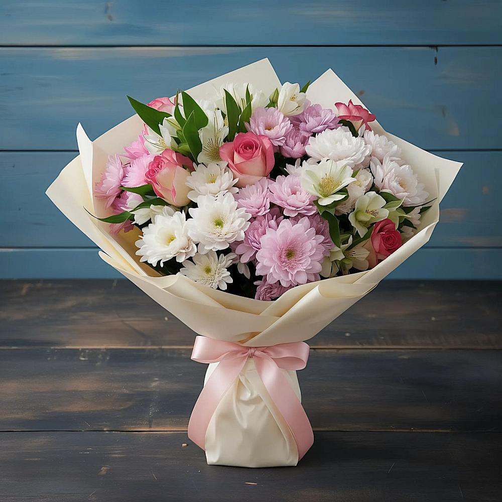 Букет цветов из: Хризантемы, Альстромерии и Розы в Львовском